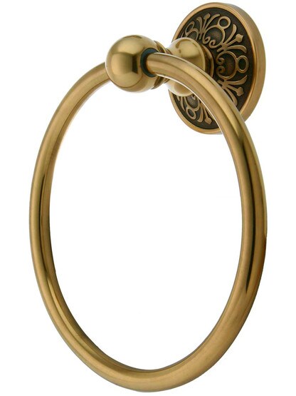 Brass Towel Ring with Lancaster Rosette in Antique Brass.